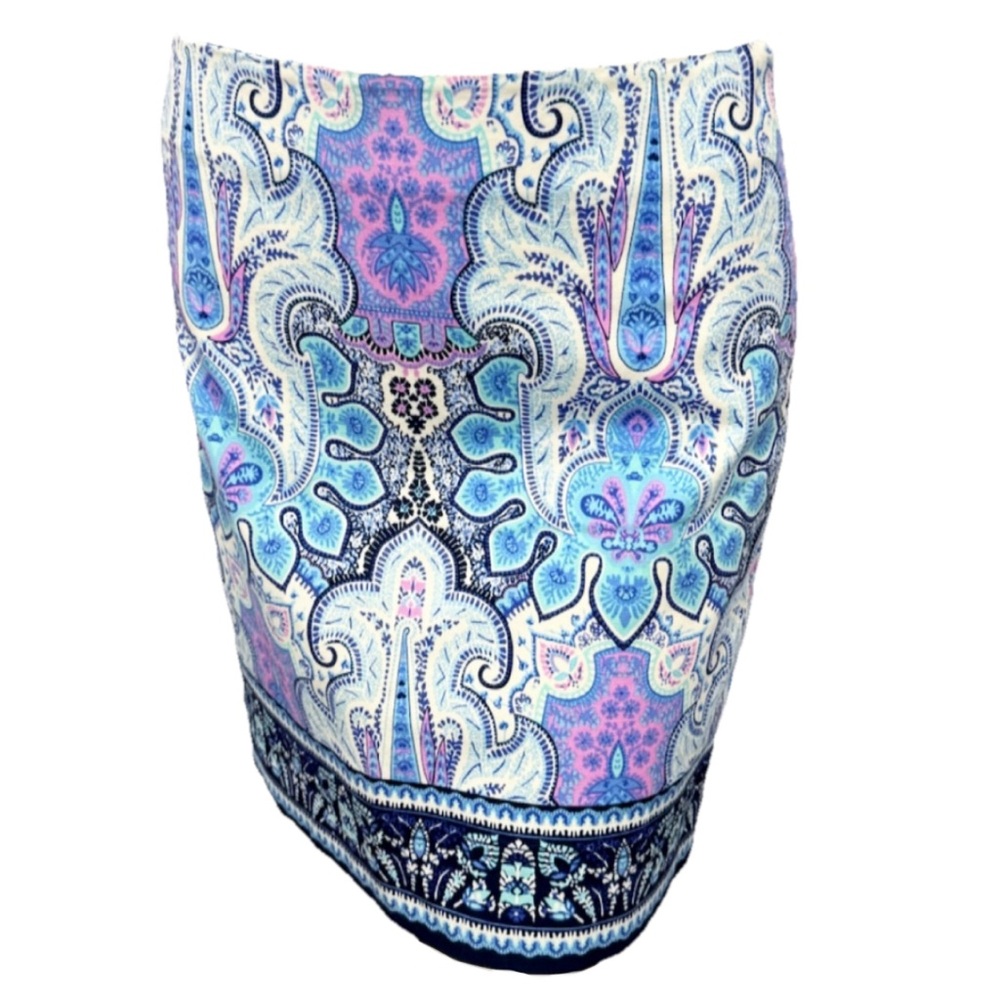 Talbots Petites 4P Paisley Print Pencil Skirt Blue Pink Lined Cotton Stretch